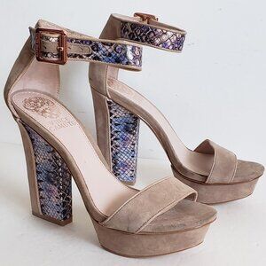 New VINCE CAMUTO Leather Suede Platform Sandal Ankle Strap Snakeskin Pumps Heels